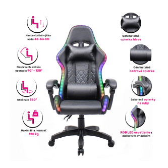 Scaun de birou / joc cu iluminare LED RGB, negru, MAFIRO