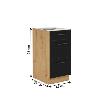 Dulap inferior cu sertare, stejar artizan/ negru mat, MONRO 40 D 3S BB