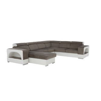colţar în formă de U, piele ecologică albă/material textil maro, model stânga, KAMELIA