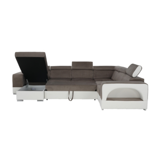 colţar în formă de U, piele ecologică albă/material textil maro, model stânga, KAMELIA