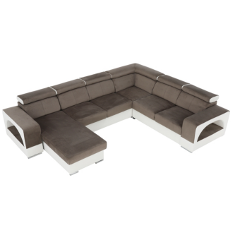 colţar în formă de U, piele ecologică albă/material textil maro, model stânga, KAMELIA