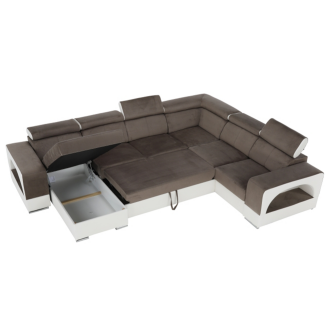 colţar în formă de U, piele ecologică albă/material textil maro, model stânga, KAMELIA