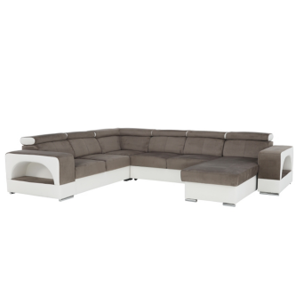 colţar în formă de U, piele ecologică albă/material textil maro, model dreapta, KAMELIA