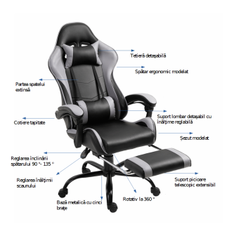 Fotoliu birou/gaming cu suport pentru picioare, negru/gri, TARUN