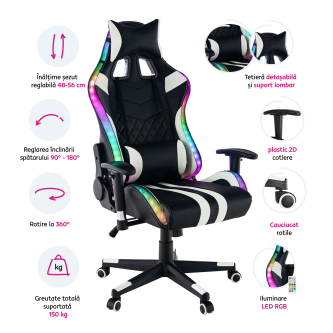 Scaun de birou / joc cu iluminare RGB, model negru / alb / culoare, ZOPA