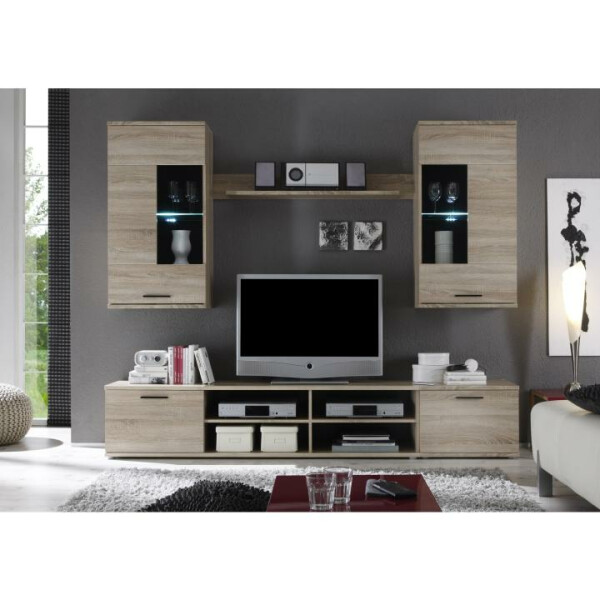 Mobilier de living, cu lumină, stejar sonoma/sticlă clară transparentă, FRONTAL 2