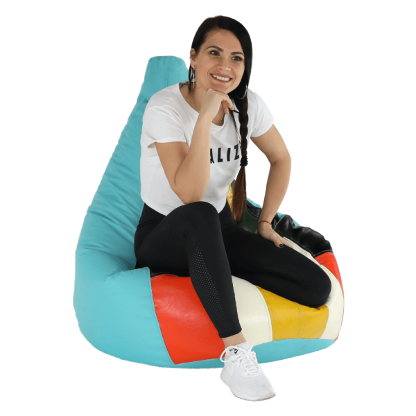 Fotoliu tip sac, turcoaz/galben/piele ecologică albă, FRESNO