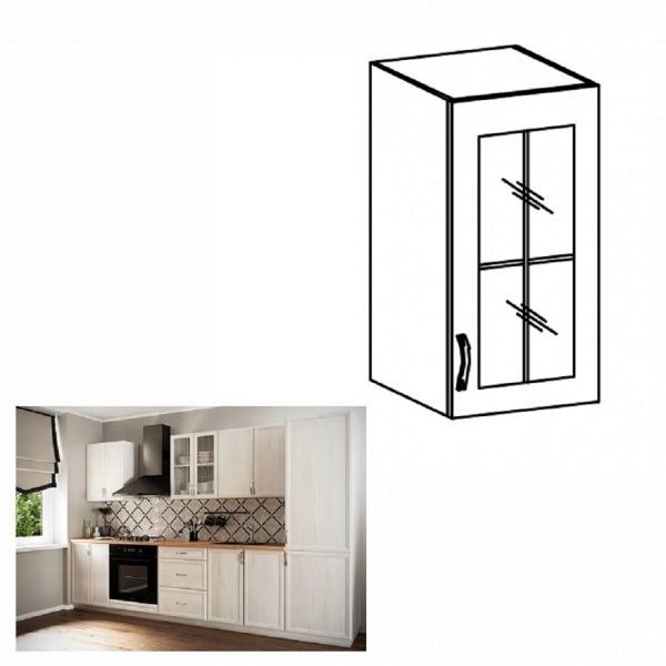 Dulap superior G30S cu geam, model dreapta, alb/pin Andersen, SICILIA