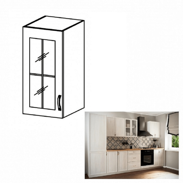 Dulap superior G40S cu geam, model stânga, alb/pin Andersen, SICILIA