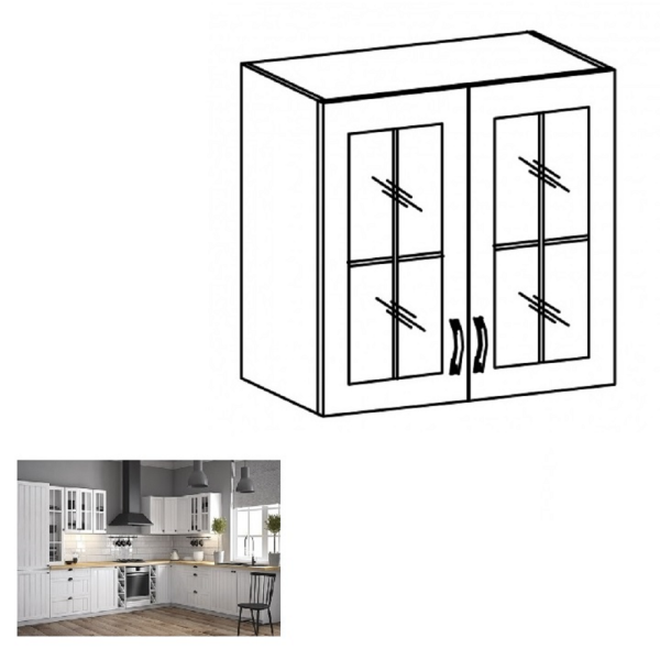 Dulap superior cu două uşi şi cu sticlă G80S, alb/pin Andersen, PROVENCE