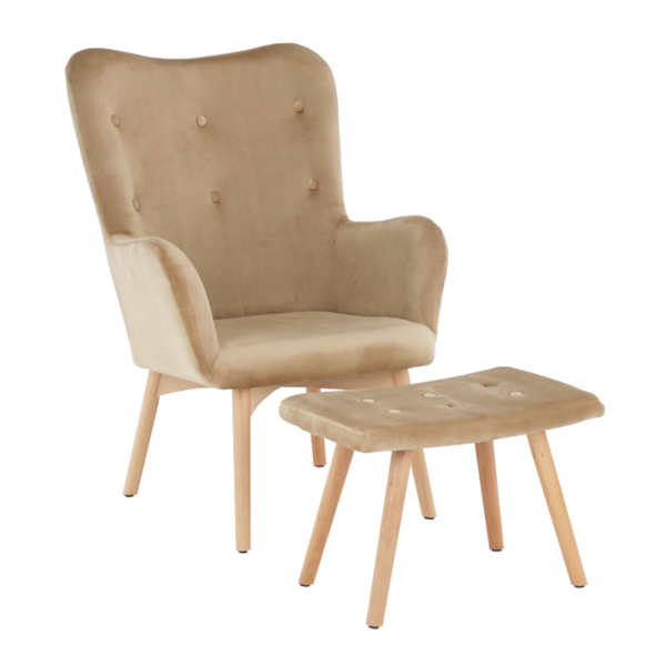 Fotoliu cu taburet, material de catifea bej/fag, LAGER NEW