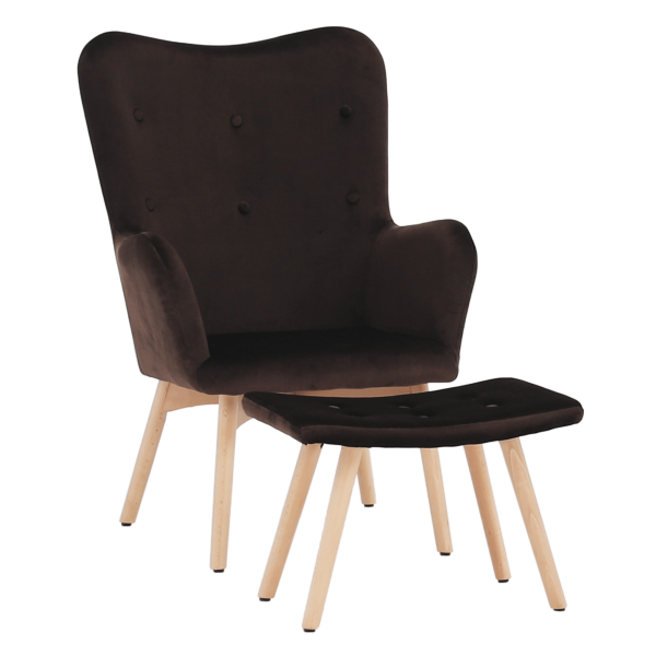 Fotoliu cu taburet, material textil de catifea ciocolatiu/fag, LAGER NEW