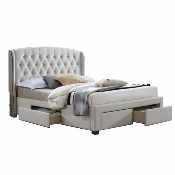 Pat cu spaţiu de depozitare,  material textil crem, 160x200, AKANA