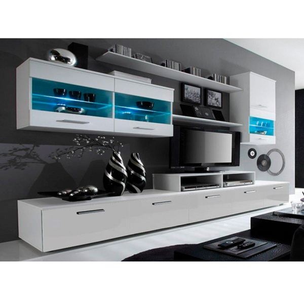 Mobilier living, alb/extra strălucire albă HG, LEO