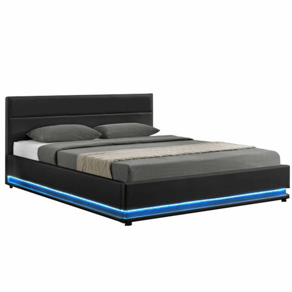 Pat matrimonial cu iluminare LED, negru, 160x200, BIRGET NEW