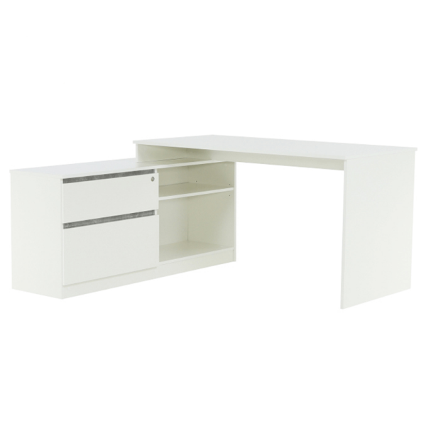 Masă PC de colţ, alb/beton, BENTOS