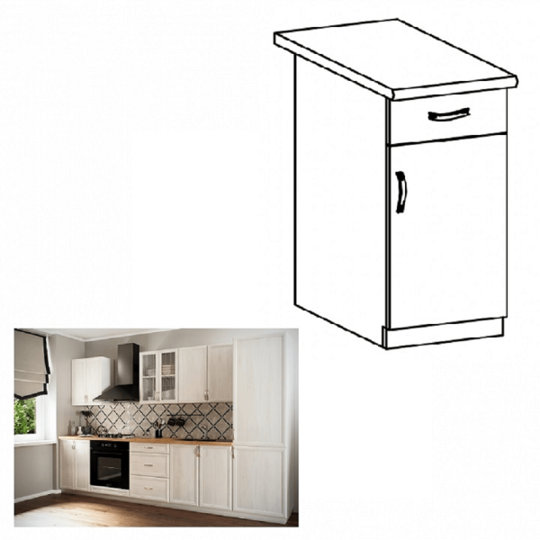 Dulap inferior D40S1 cu sertar, model dreapta, alb/pin Andersen, SICILIA